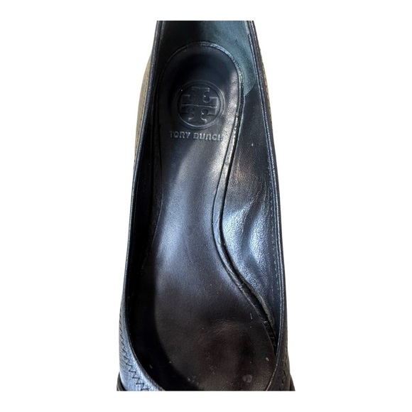 Tory Burch Black Leather Peep Toe Low Cork Wedges Size 8M - Picture 7 of 11